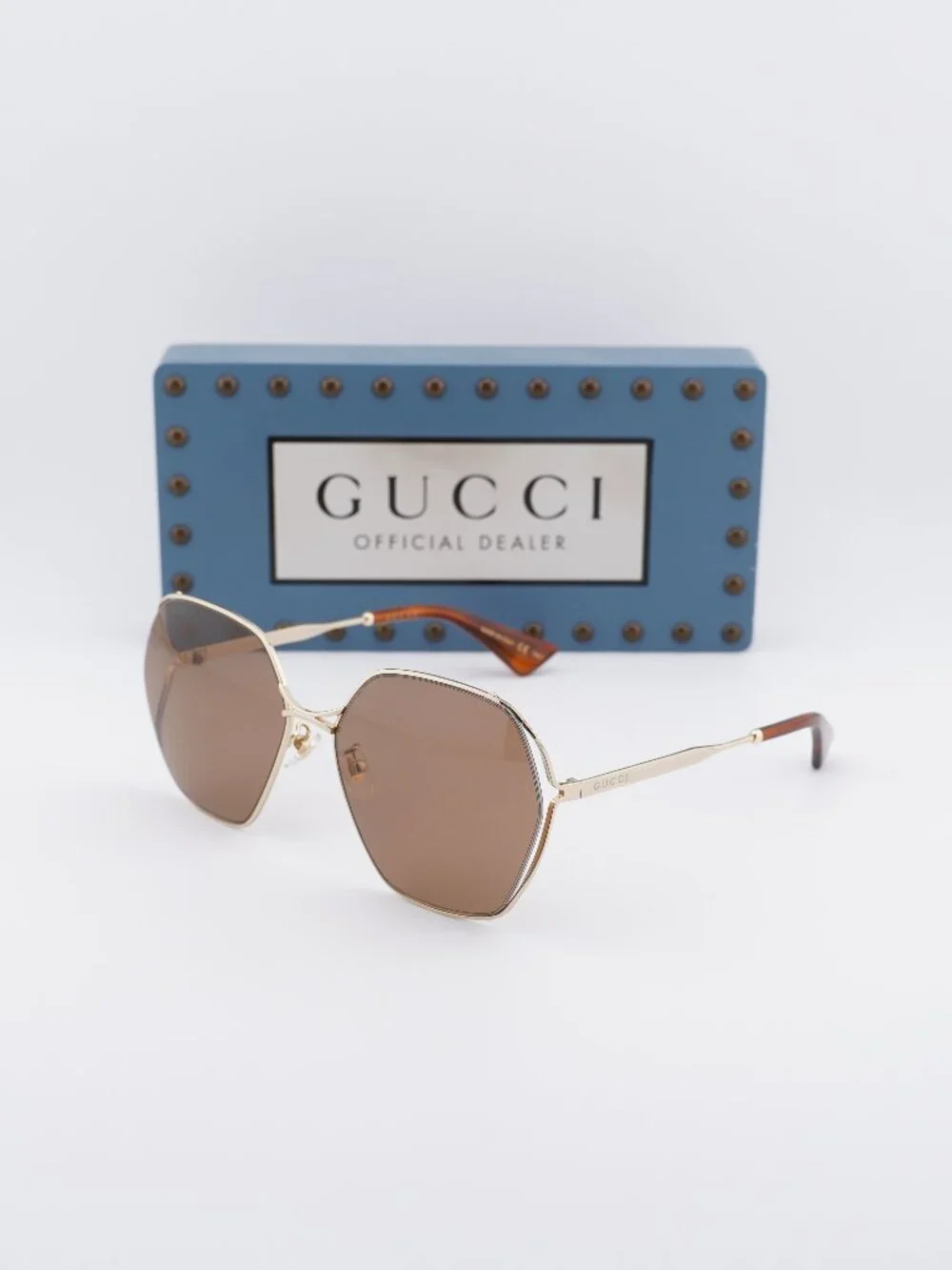 Gucci GG0818SA 002 Geometric Sunglasses - Gold / Brown